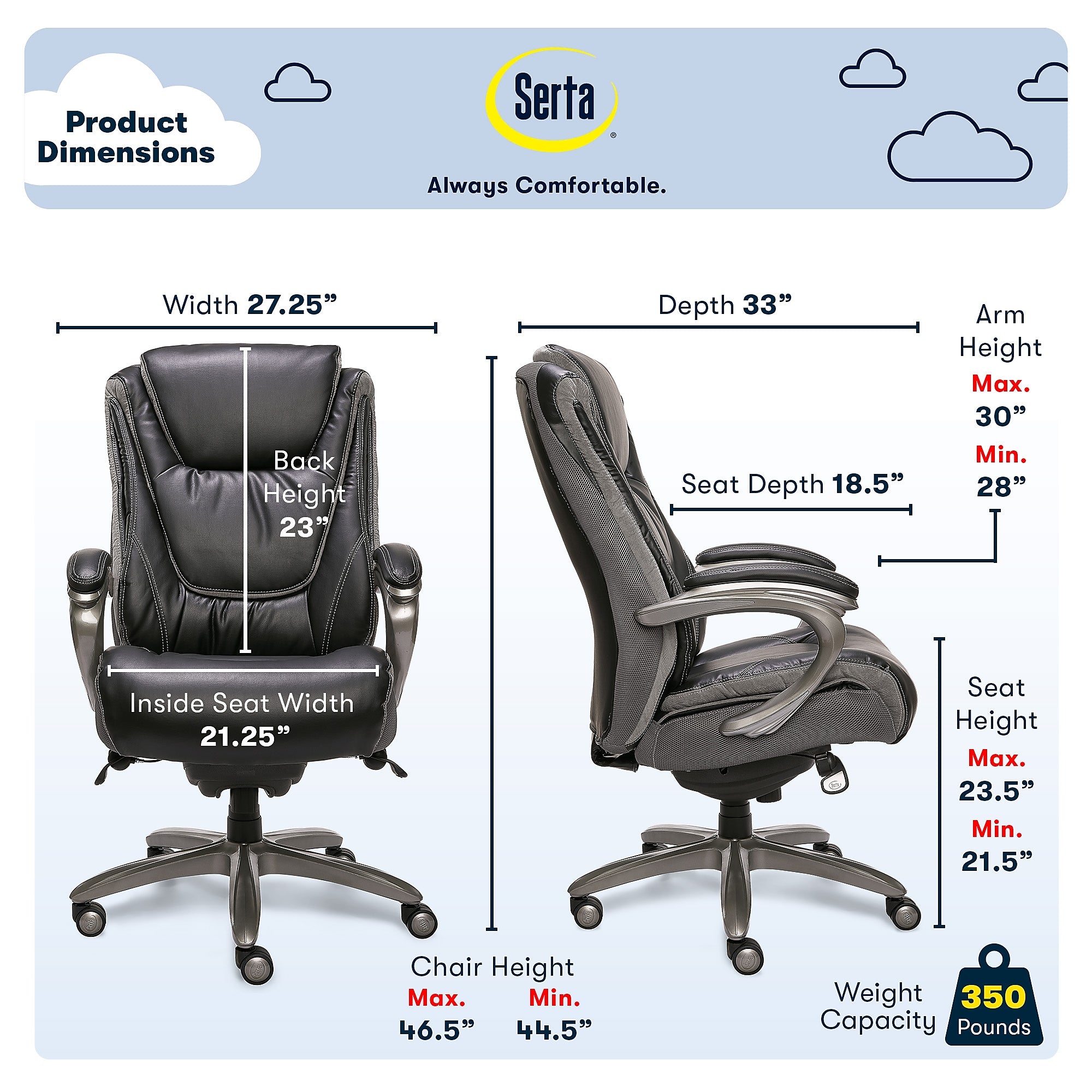 Serta Big & Tall Ergonomic Bonded Leather Swivel Executive Chair, Black/Silver