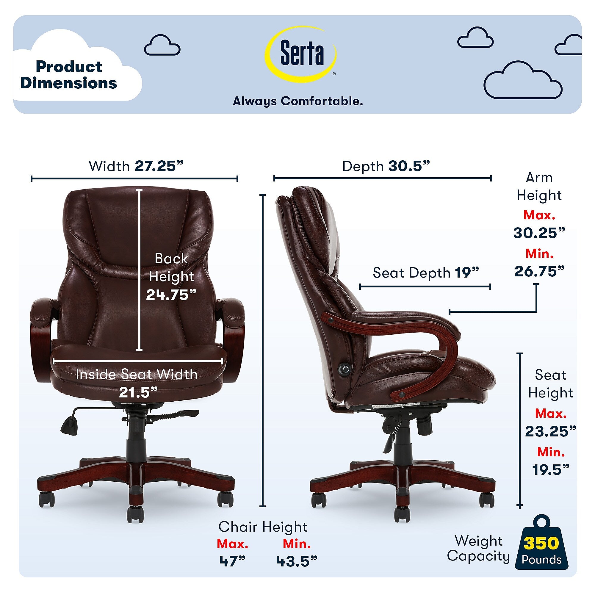 Serta Big & Tall Ergonomic Faux Leather Executive Big & Tall Chair, 350 lb. Capacity, Rich Espresso
