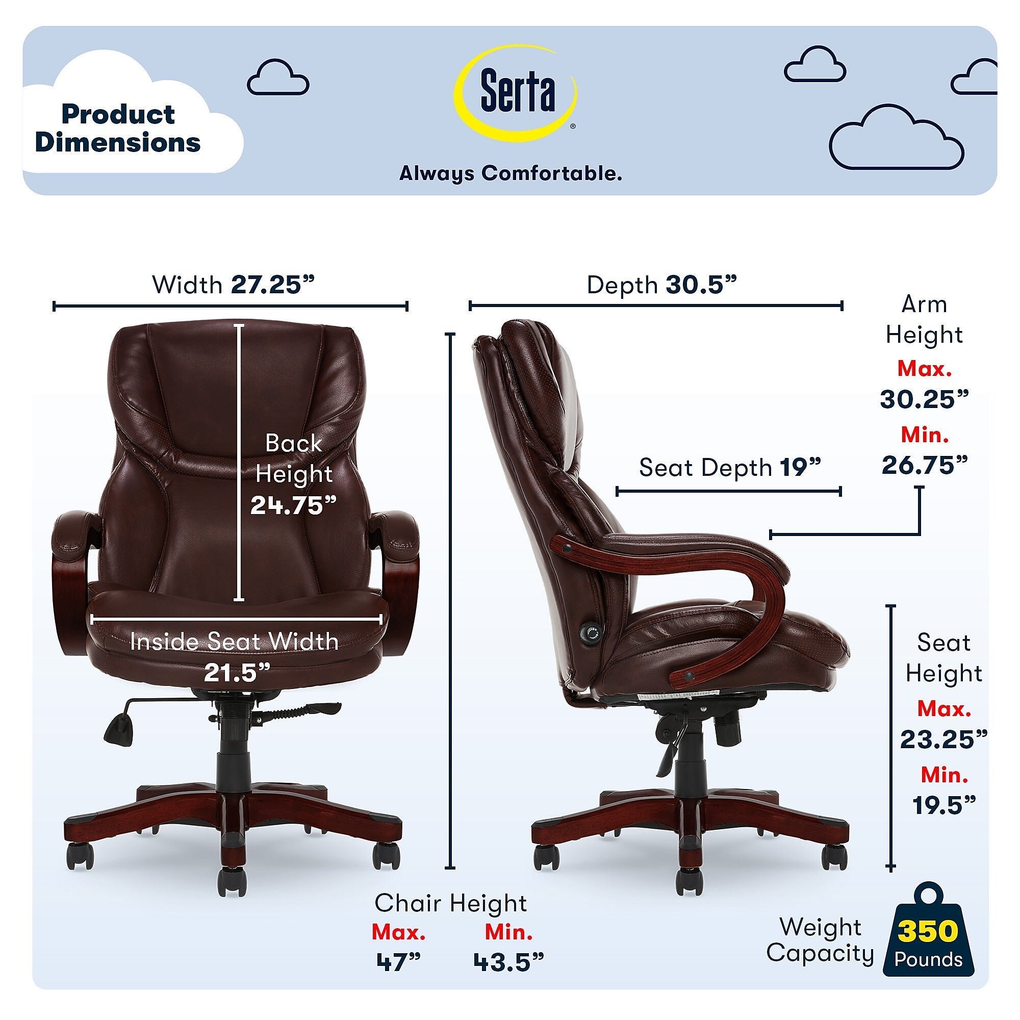 Serta Big & Tall Ergonomic Faux Leather Executive Big & Tall Chair, 350 lb. Capacity, Rich Espresso