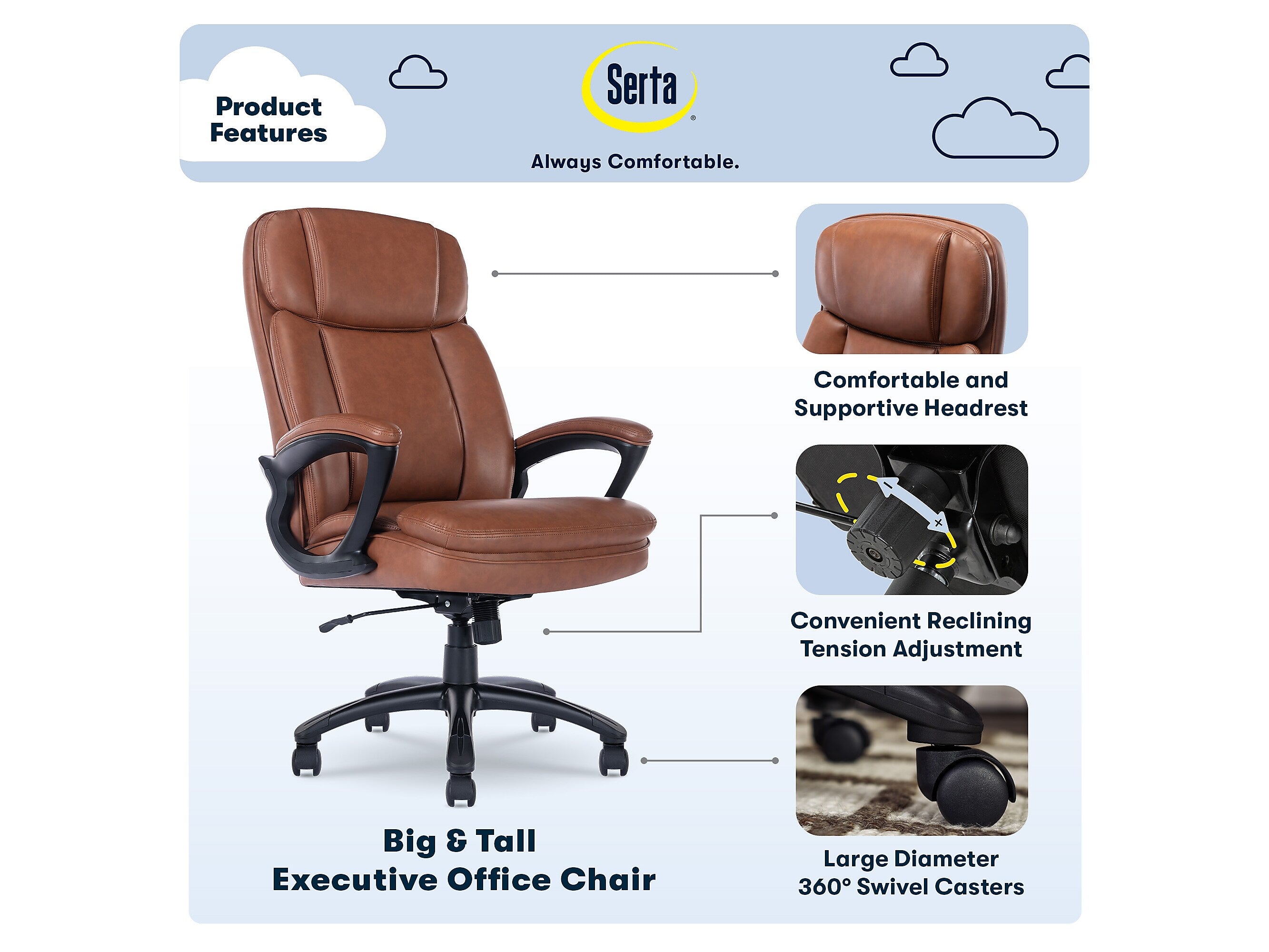 Serta Big & Tall Faux Leather Swivel Executive Chair, Brown