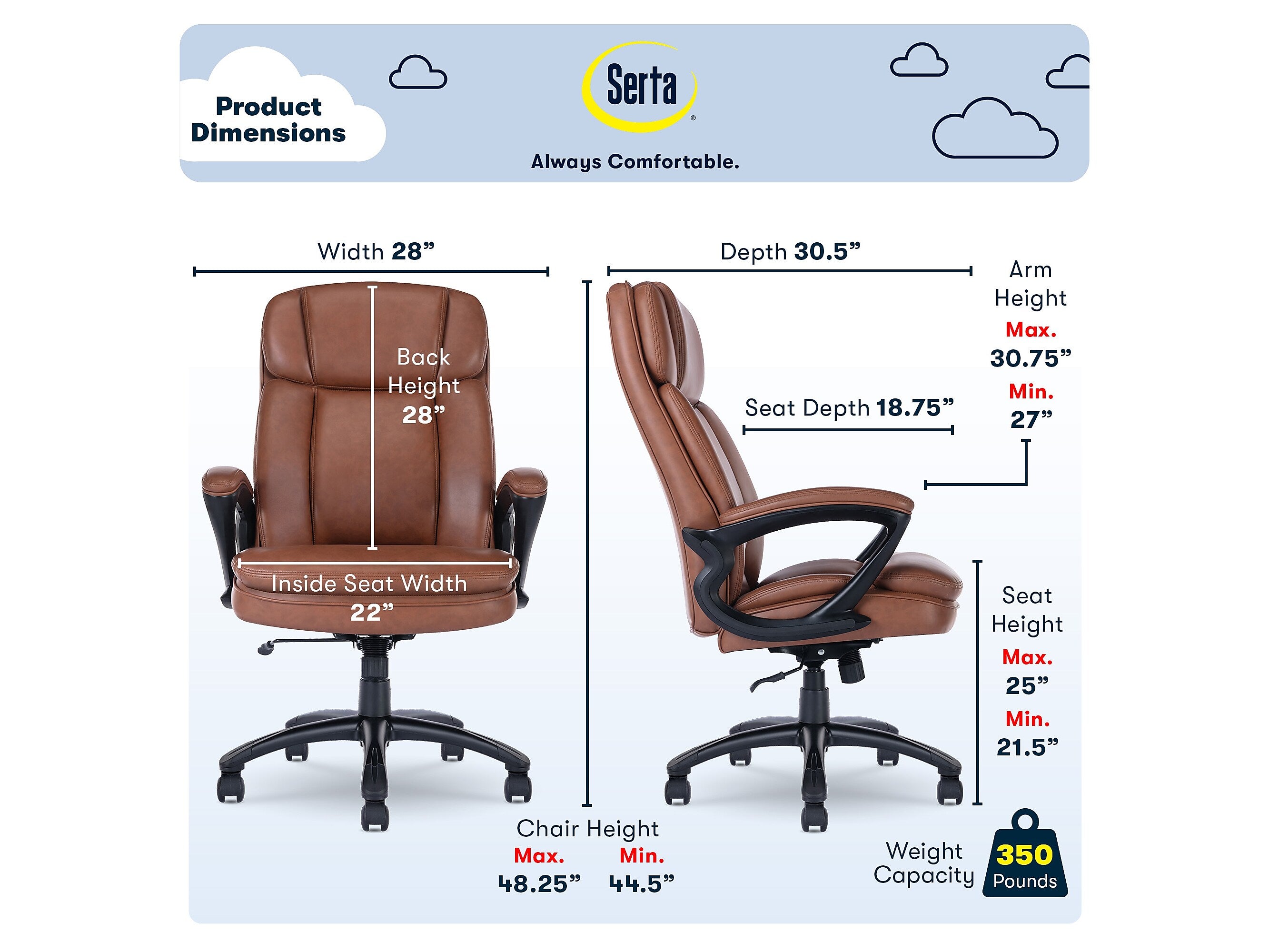 Serta Big & Tall Faux Leather Swivel Executive Chair, Brown
