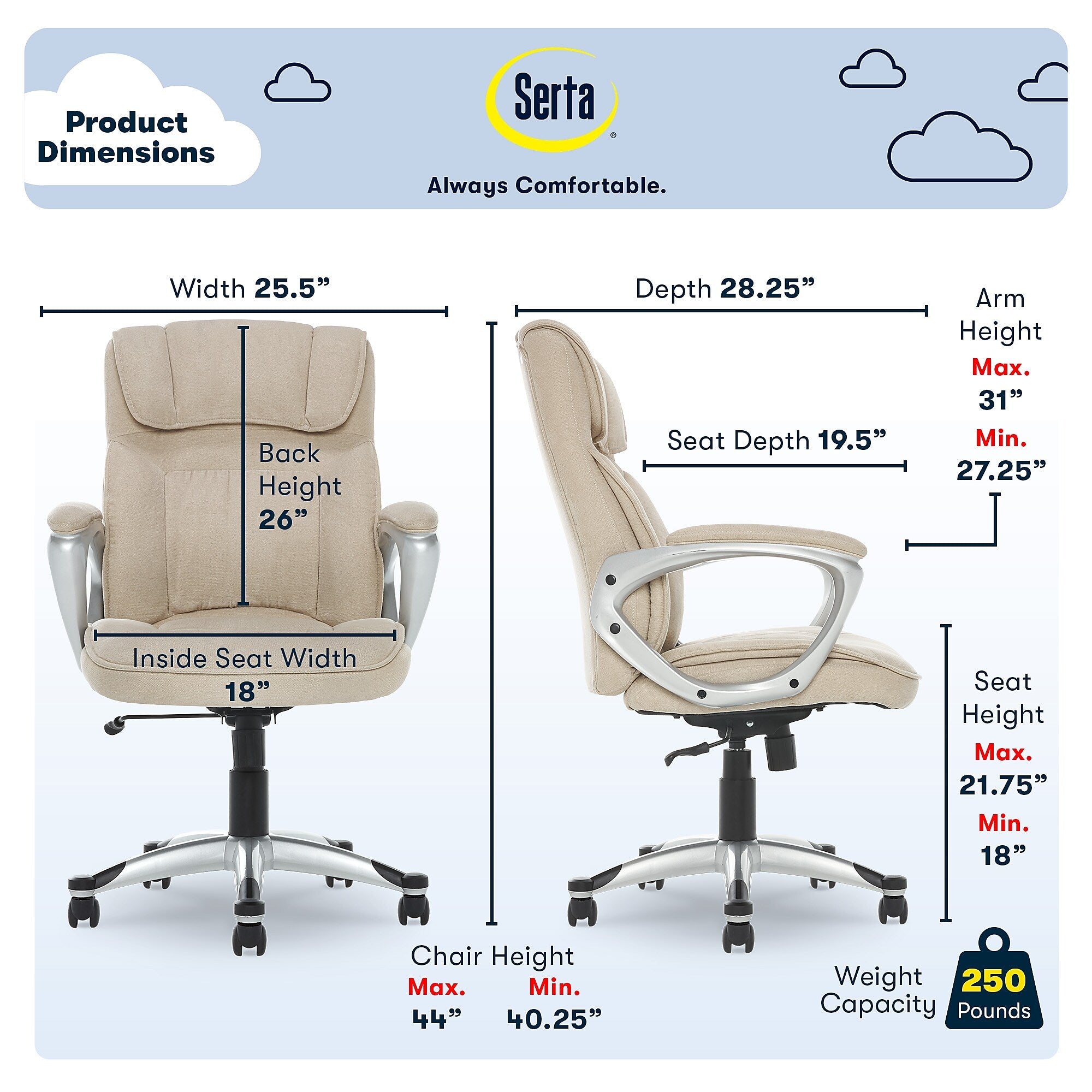 Serta Cyrus Ergonomic Fabric Swivel Executive Chair, Fawn Tan