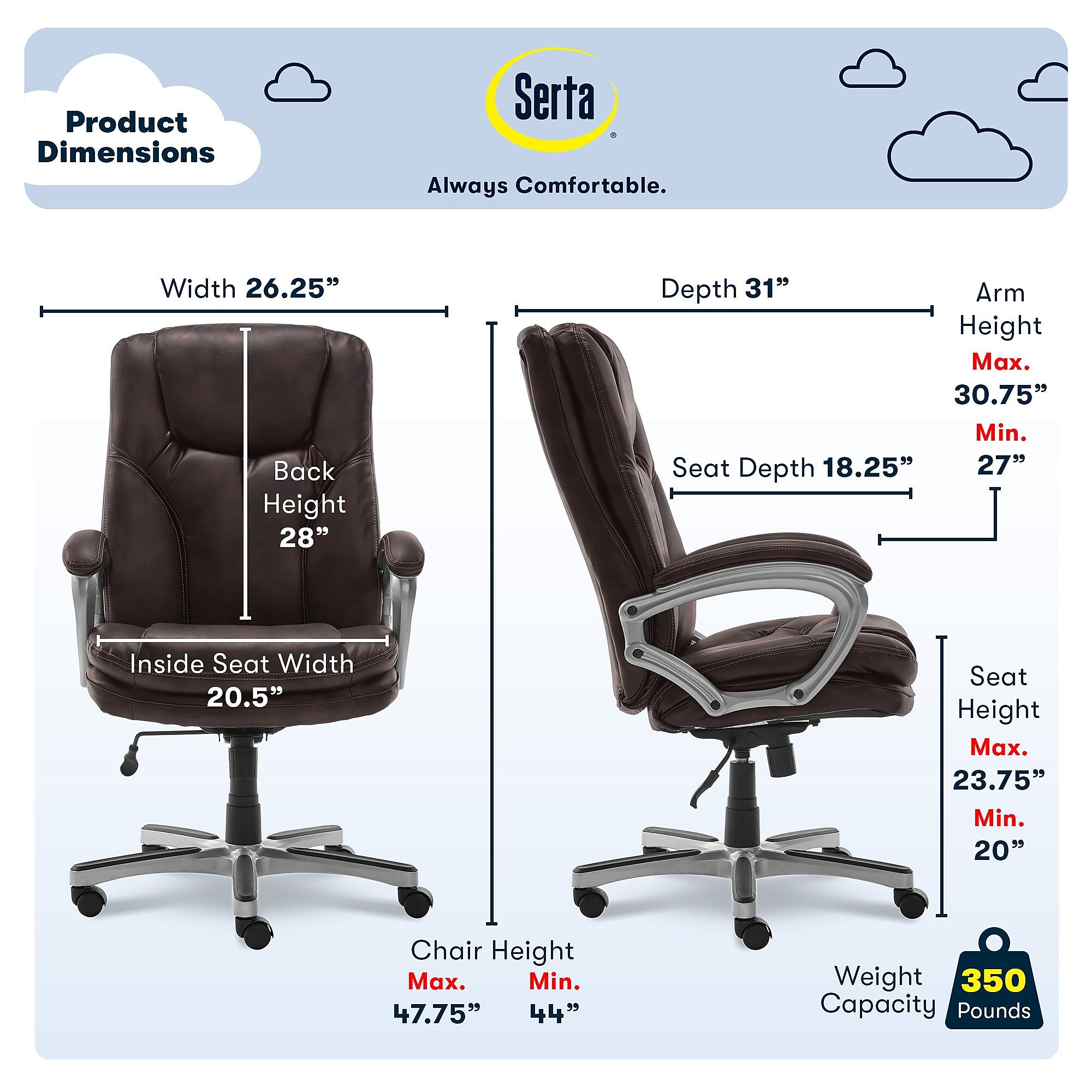 Serta Executive Ergonomic Faux Leather Executive Big & Tall Chair, 350 lb. Capacity, Roasted Chestnut