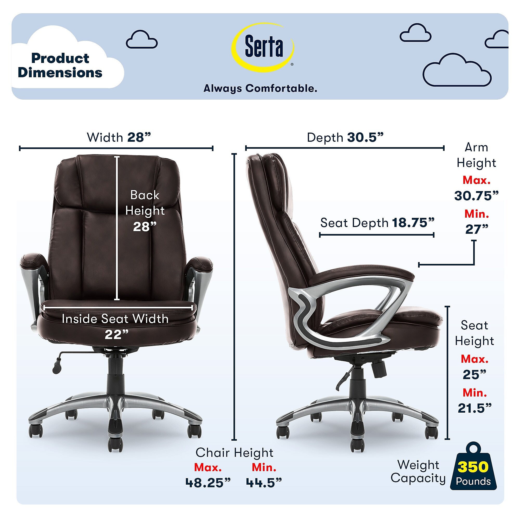 Serta Fairbanks Big and Tall Ergonomic Faux Leather Swivel Executive Chair, Chestnut