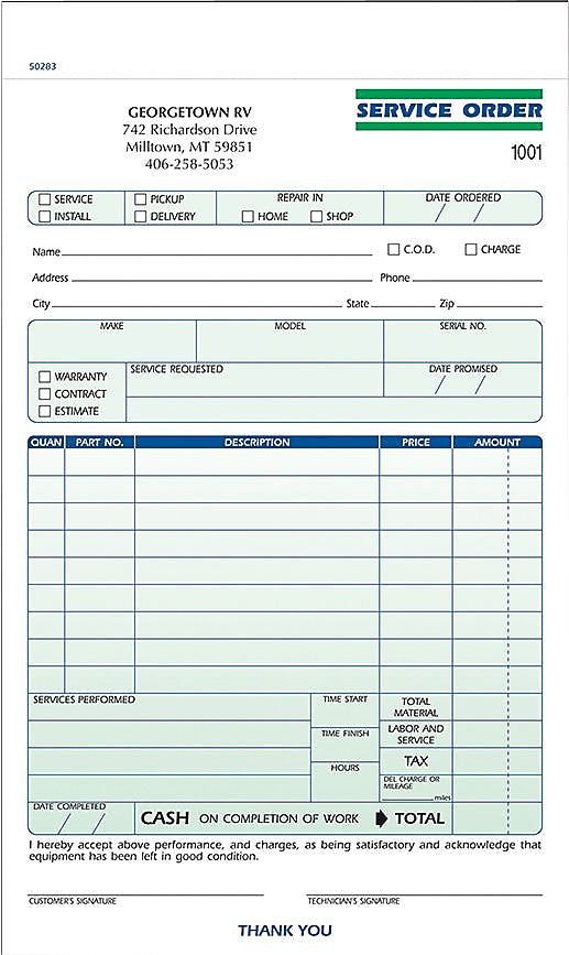 Service Order Form, Ruled, 5-1/2" x 8-1/2", 3-Part, Qty 1000