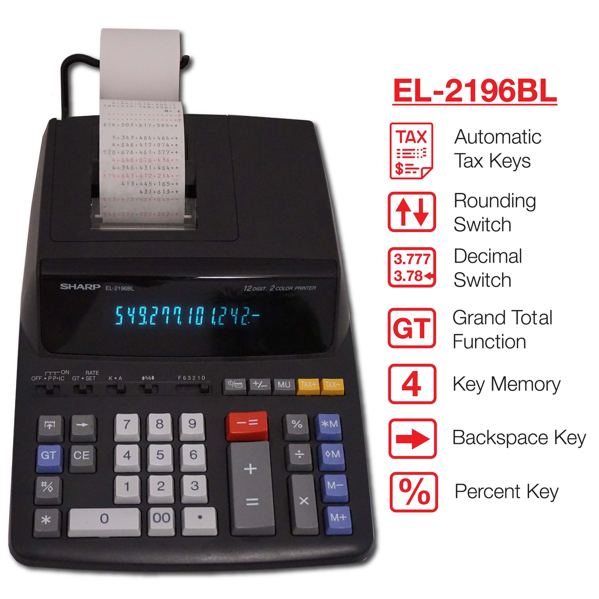 Sharp EL-2196BL 12-Digit Desktop Printing Calculator, Black