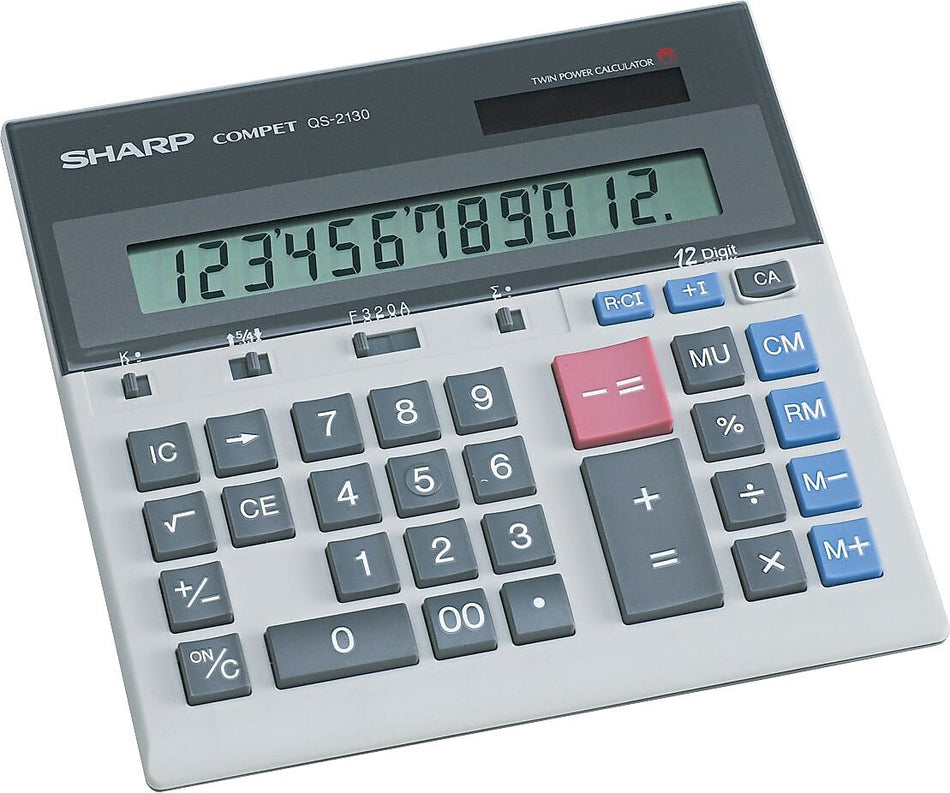 Sharp QS-2130 12-Digit Battery/Solar Powered Financial Calculator, Gray