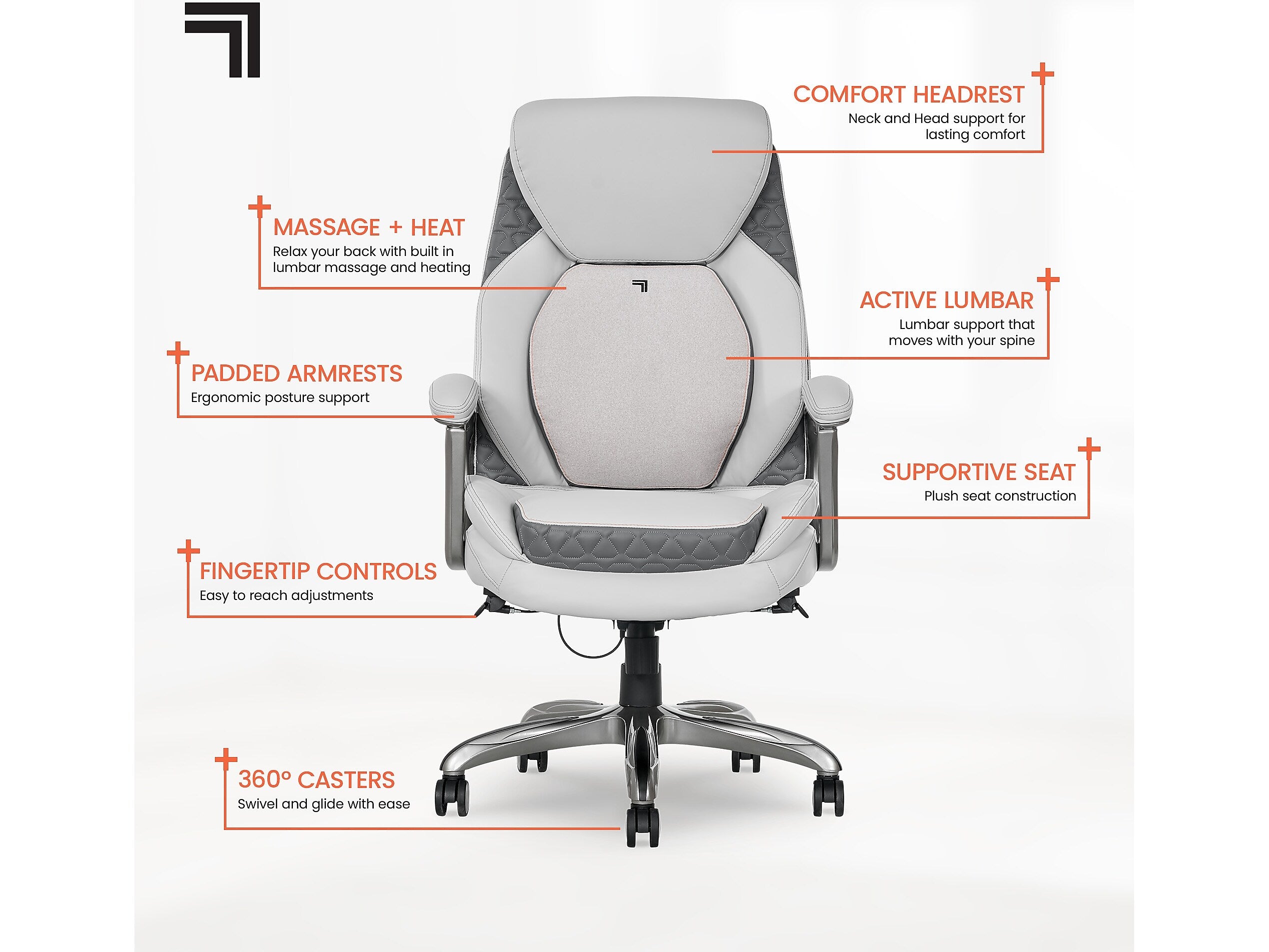 Sharper Image S-600 Active Lumbar Ergonomic Bonded Leather Swivel Executive Massage Chair, White/Gray