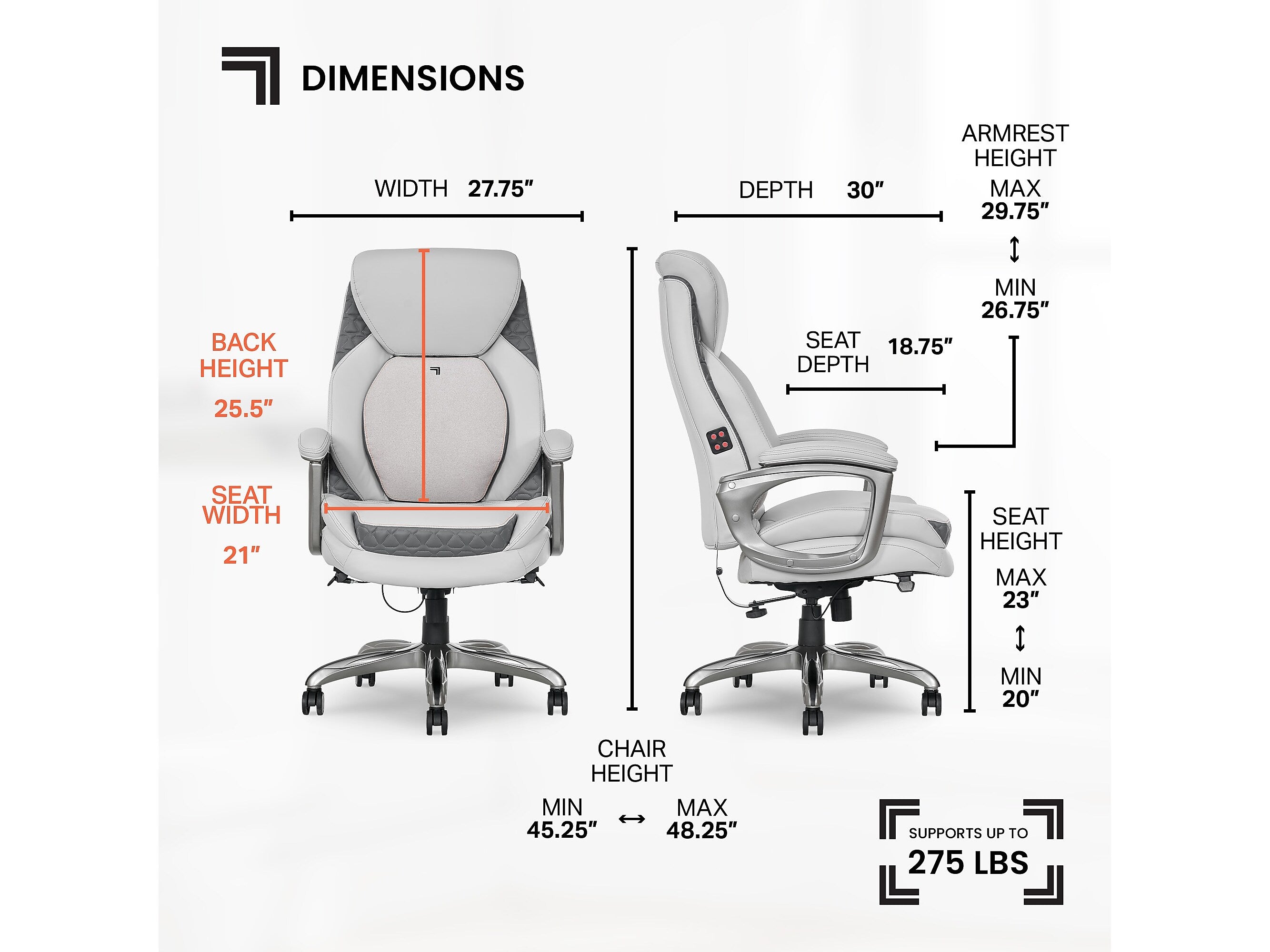 Sharper Image S-600 Active Lumbar Ergonomic Bonded Leather Swivel Executive Massage Chair, White/Gray