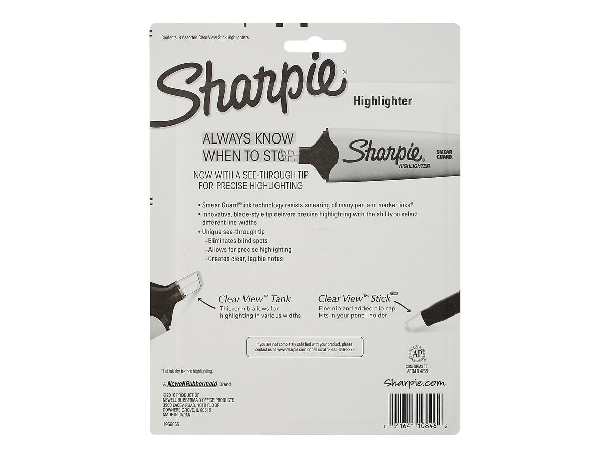 Sharpie Clear View Highlighter, Chisel Tip, Assorted, 8/Pack