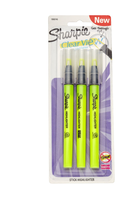 Sharpie Clear View Highlighter, Chisel Tip, Yellow, 3/Pack