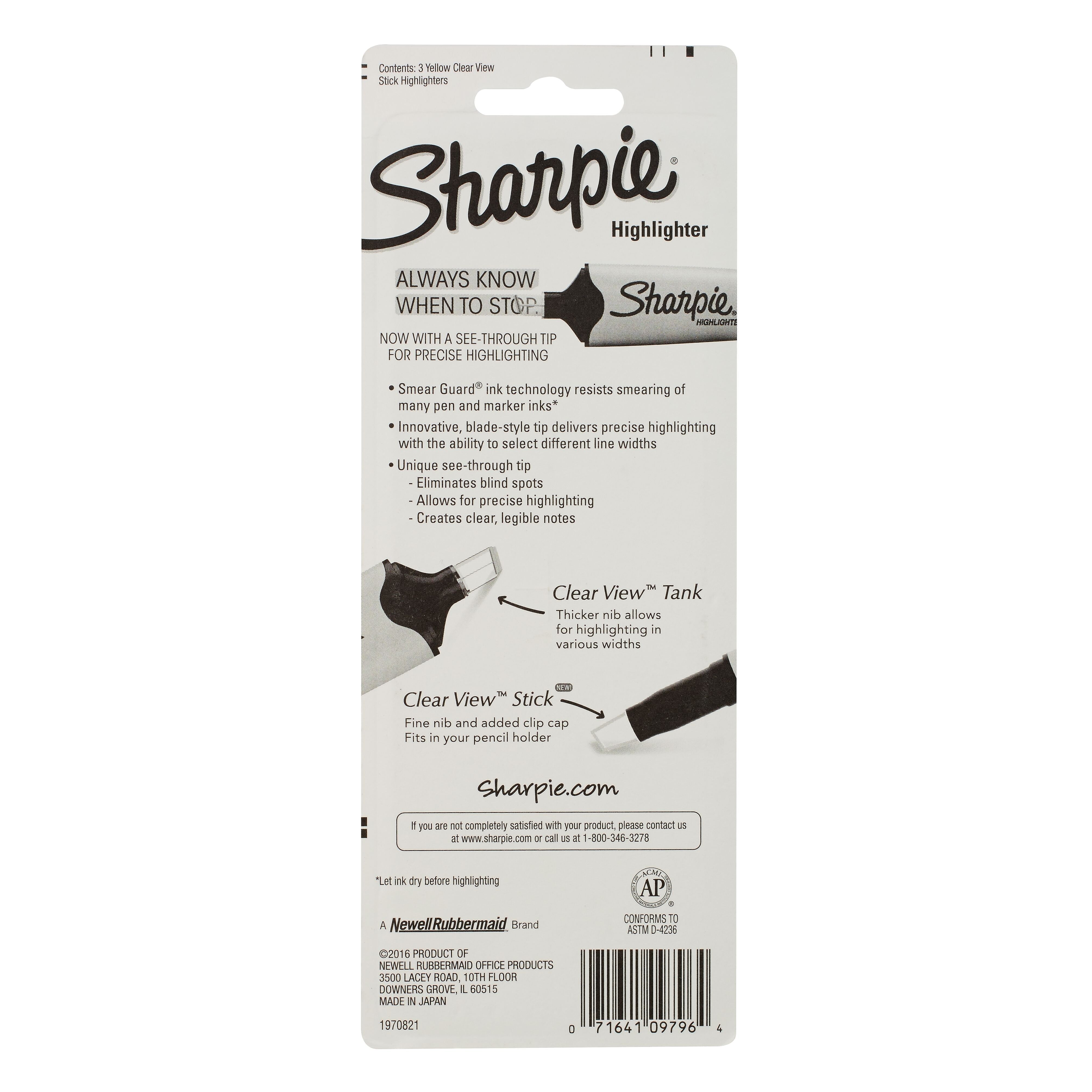 Sharpie Clear View Highlighter, Chisel Tip, Yellow, 3/Pack