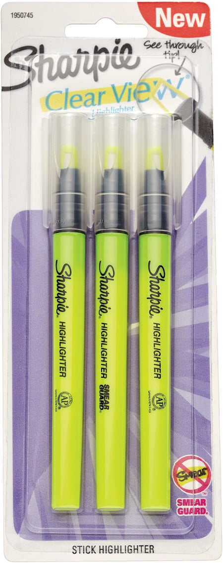 Sharpie Clear View Highlighter, Chisel Tip, Yellow, 3/Pack