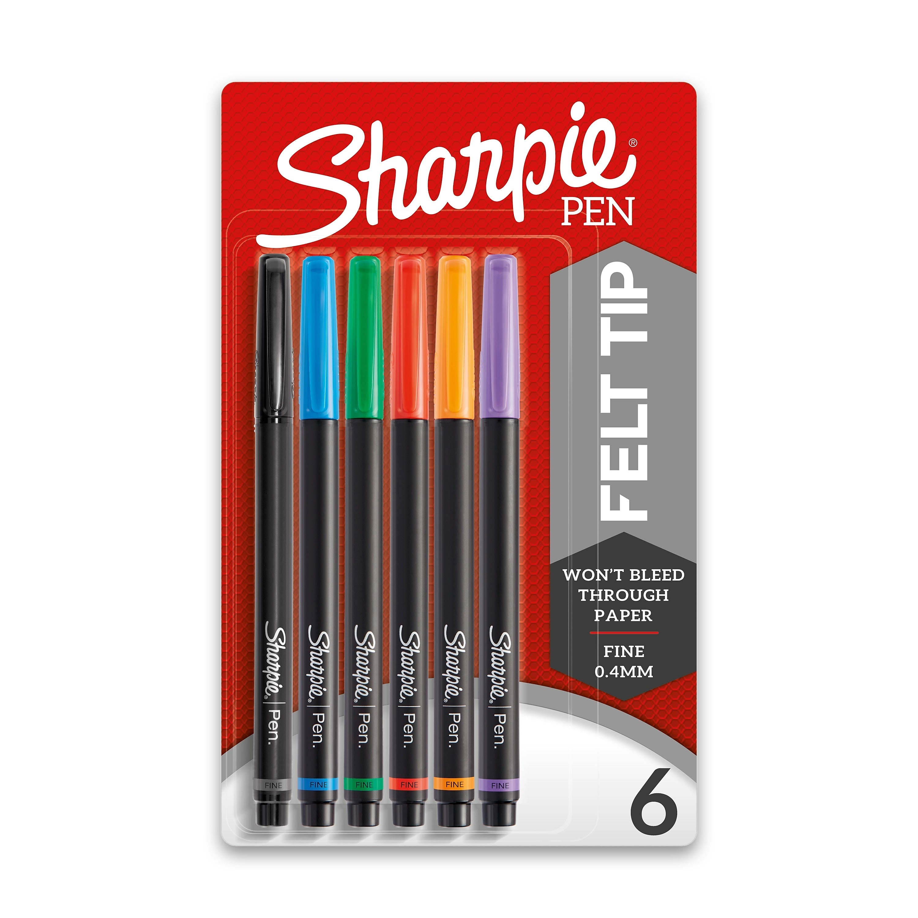 Sharpie Felt Pen, Fine Point, 0.4 mm, Assorted Ink, 6/Pack