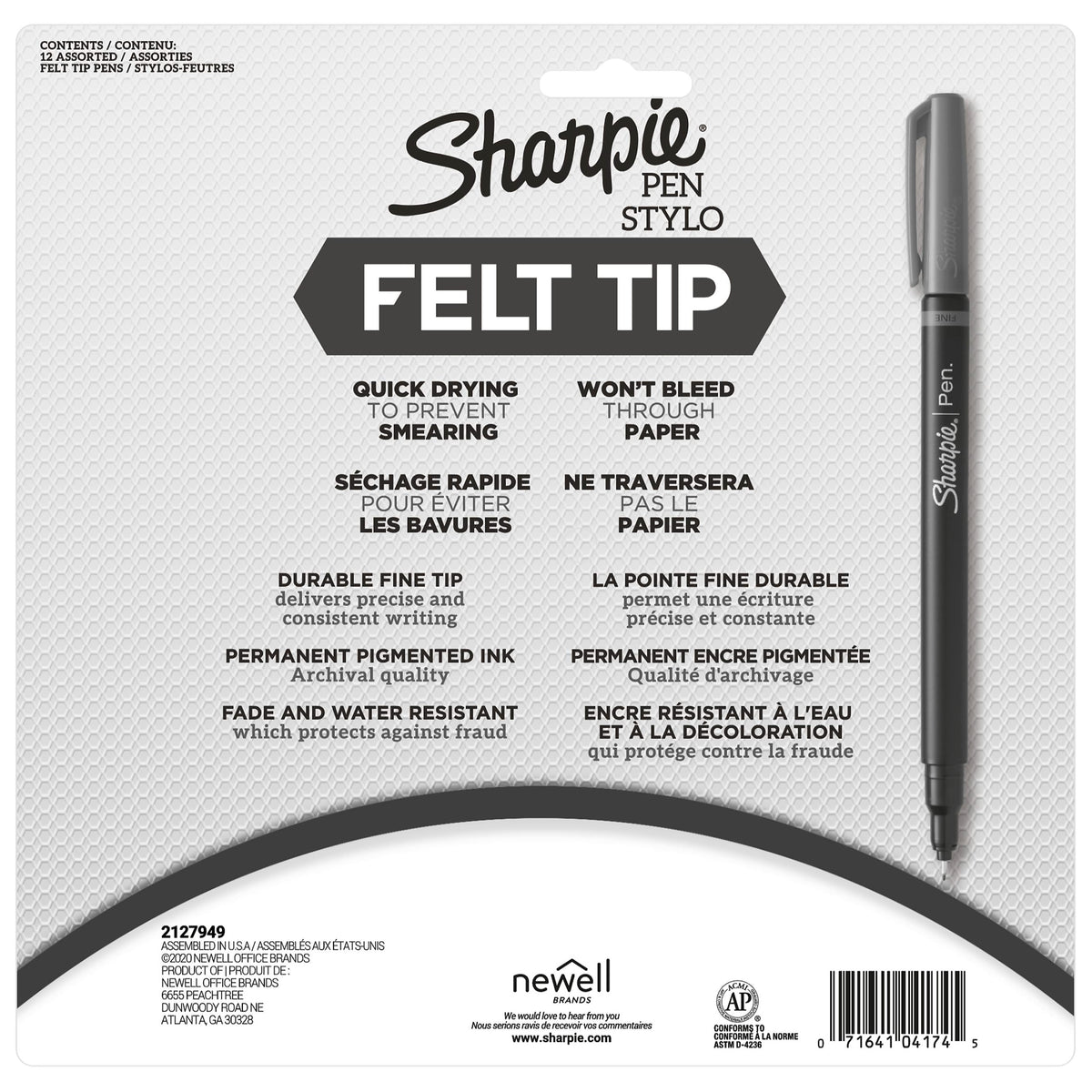 Sharpie Felt Pen, Fine Point, 0.4 mm, Assorted Ink, Dozen