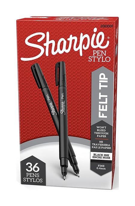 Sharpie Felt Pen, Fine Point, 0.4mm, Black Ink, 36/Box