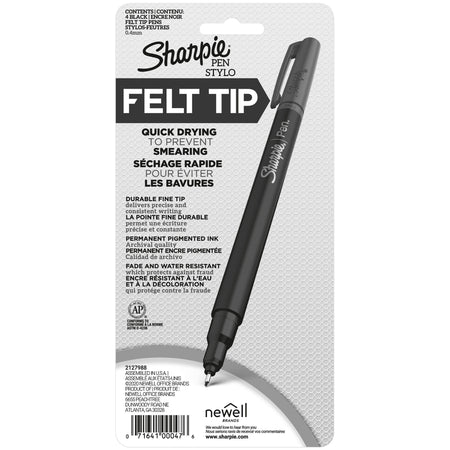 Sharpie Felt Pen, Fine Point, Black Ink, 4/Pack