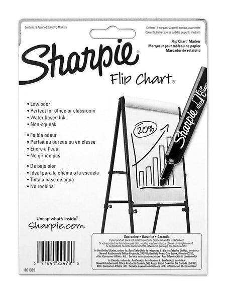 Sharpie Flip Chart Permanent Marker, Bullet Tip, Assorted, 8/Pack