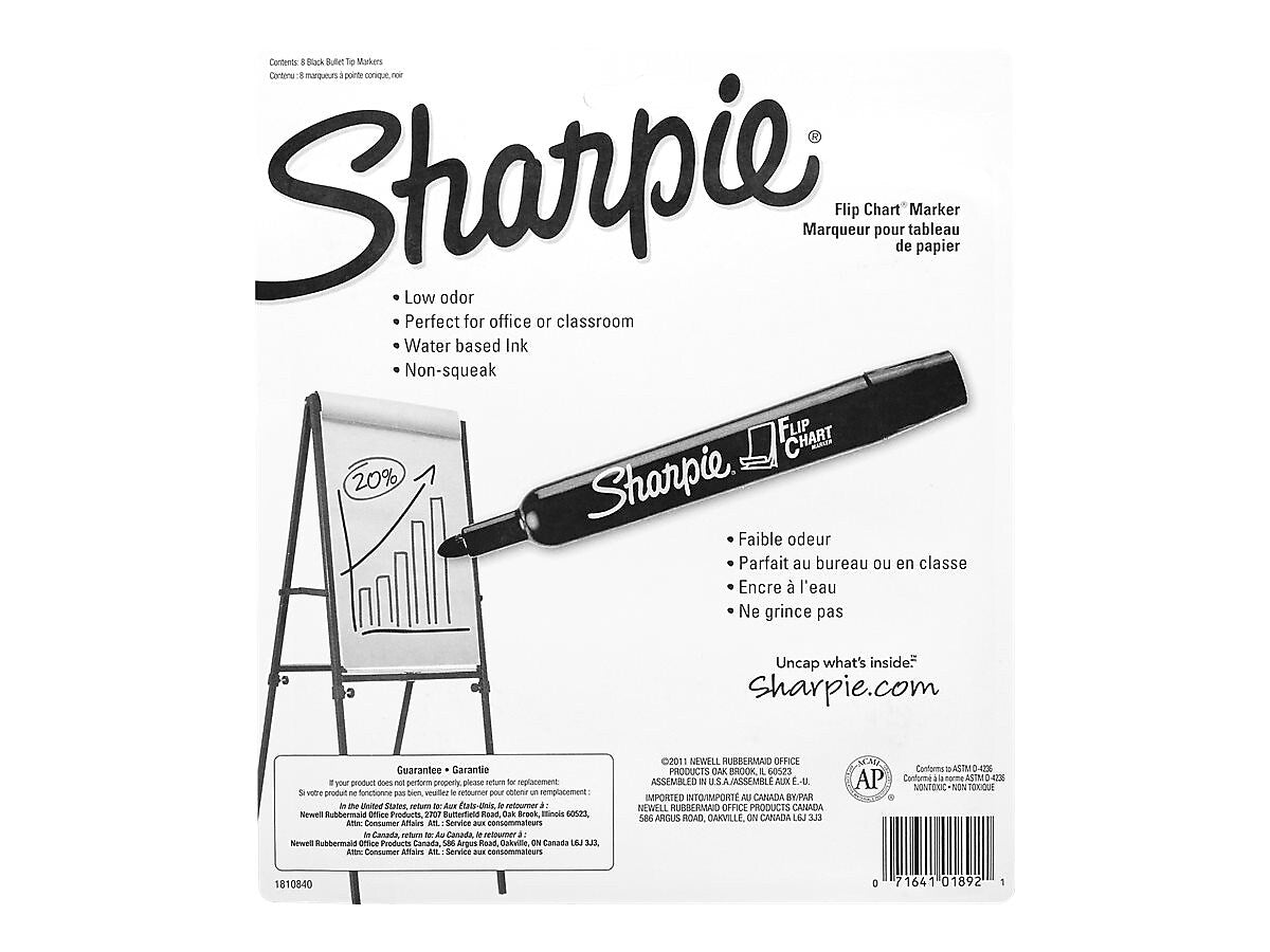 Sharpie Flip Chart Permanent Markers, Bullet Tip, Black, 8/Pack