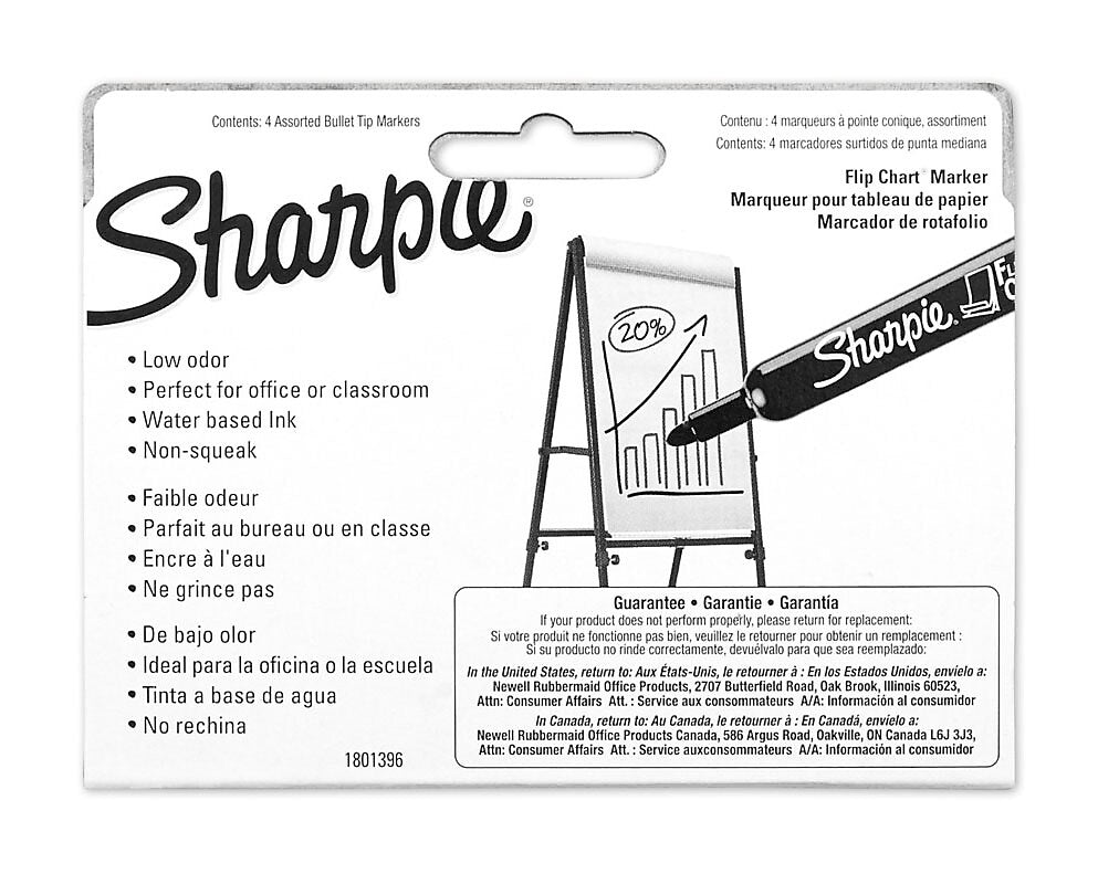 Sharpie Flip Chart Water Based Marker, Bullet Tip, Assorted, 4/Pack