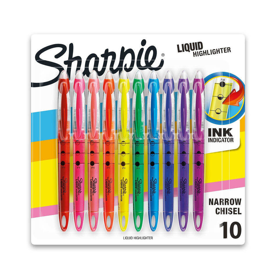 Sharpie Liquid Highlighter, Chisel Tip, Assorted, 10/Pack