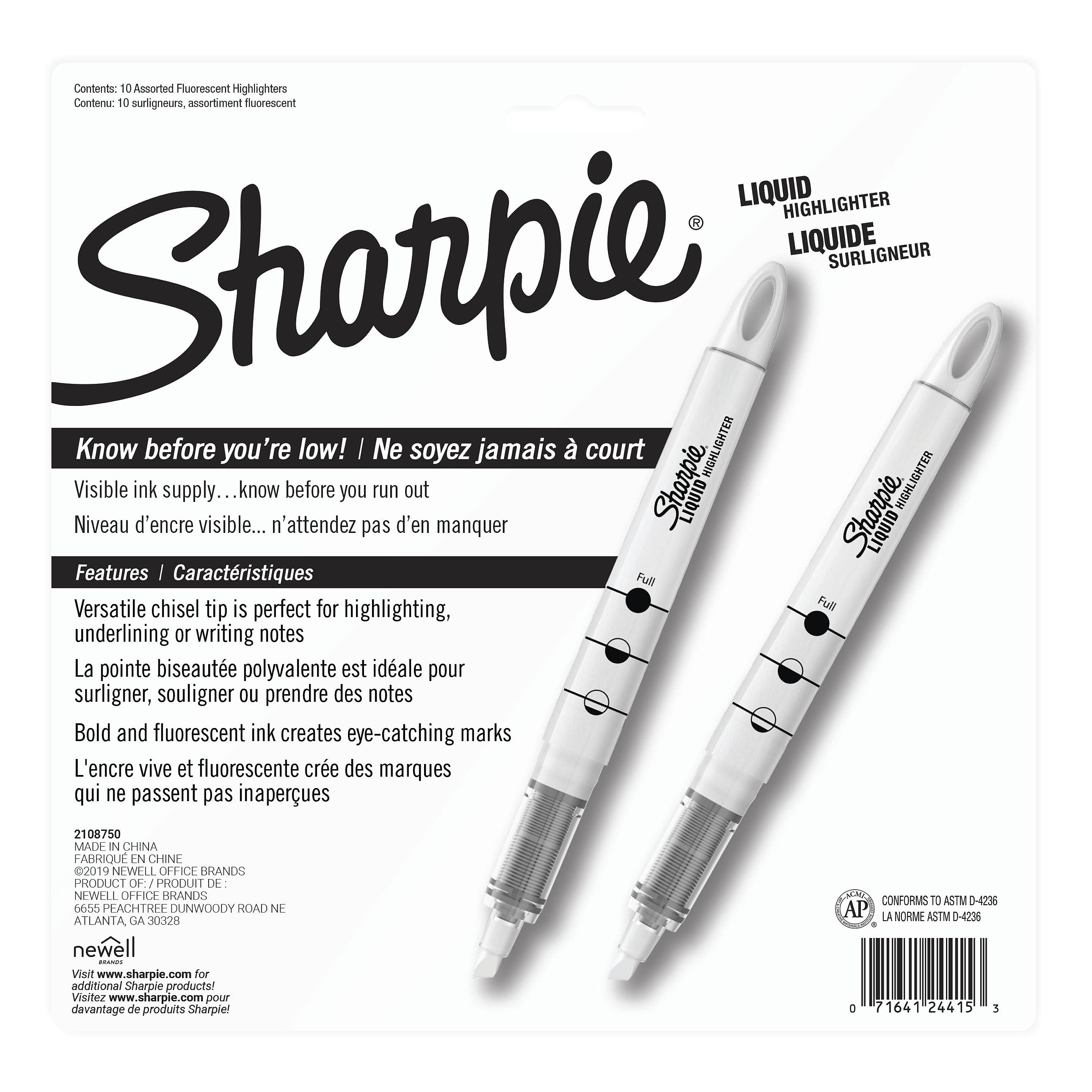 Sharpie Liquid Highlighter, Chisel Tip, Assorted, 10/Pack