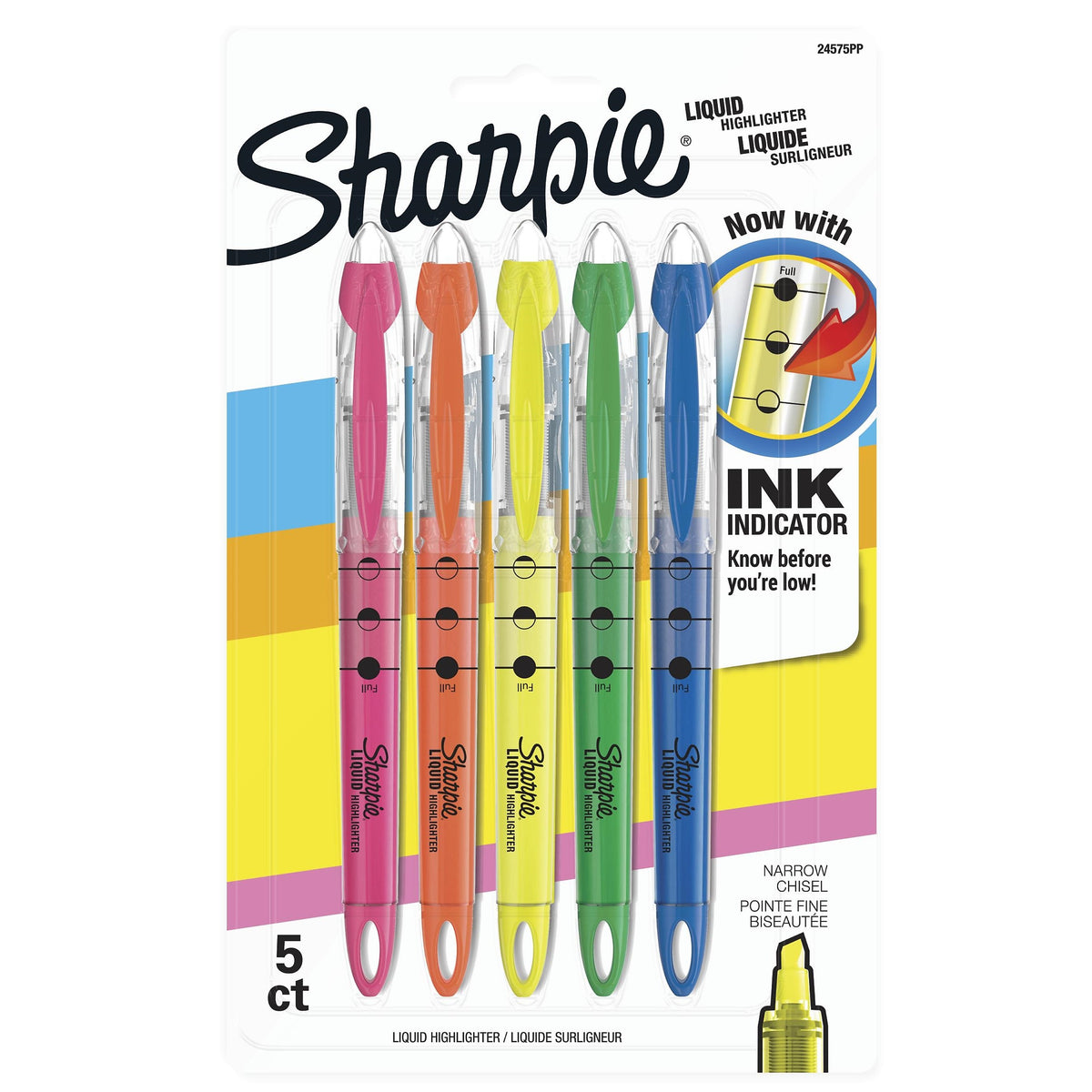 Sharpie Liquid Highlighter, Chisel Tip, Assorted, 5/Pack