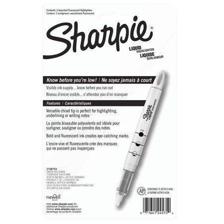 Sharpie Liquid Highlighter, Chisel Tip, Assorted, 5/Pack