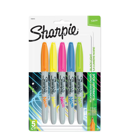 Sharpie Neon Permanent Markers, Fine Tip, Assorted Neon, 5/Pack