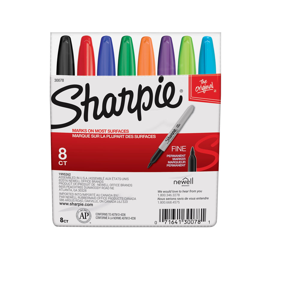 Sharpie Permanent Marker, Fine Tip, Assorted, 8/Pack