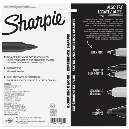 Sharpie Permanent Marker, Fine Tip, Assorted, Dozen