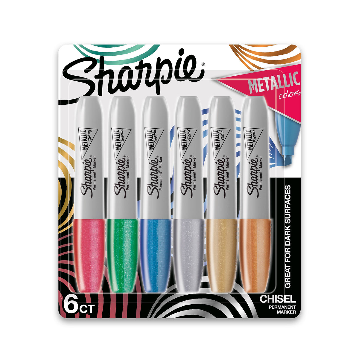 Sharpie Permanent Markers, Chisel Tip, Assorted Metallic, 6/Pack