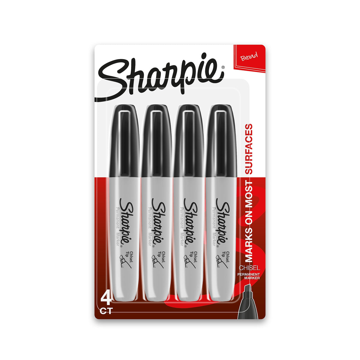 Sharpie Permanent Markers, Chisel Tip, Black, 4/Pack