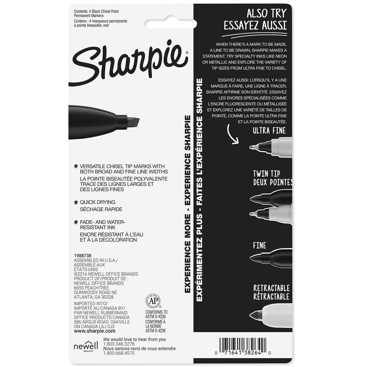 Sharpie Permanent Markers, Chisel Tip, Black, 4/Pack