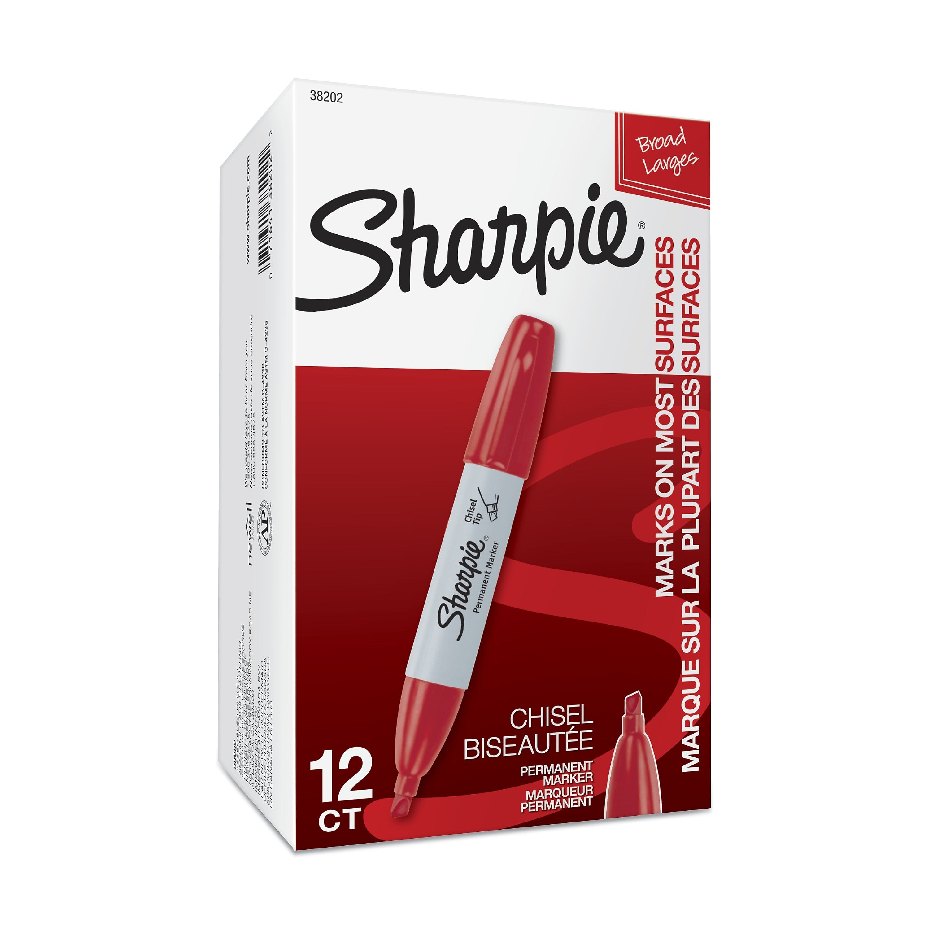 Sharpie Permanent Markers, Chisel Tip, Red, 12/Pack