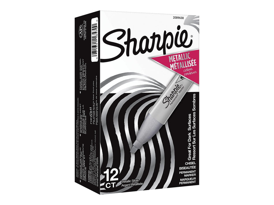 Sharpie Permanent Markers, Chisel Tip, Silver Metallic, 12/Pack