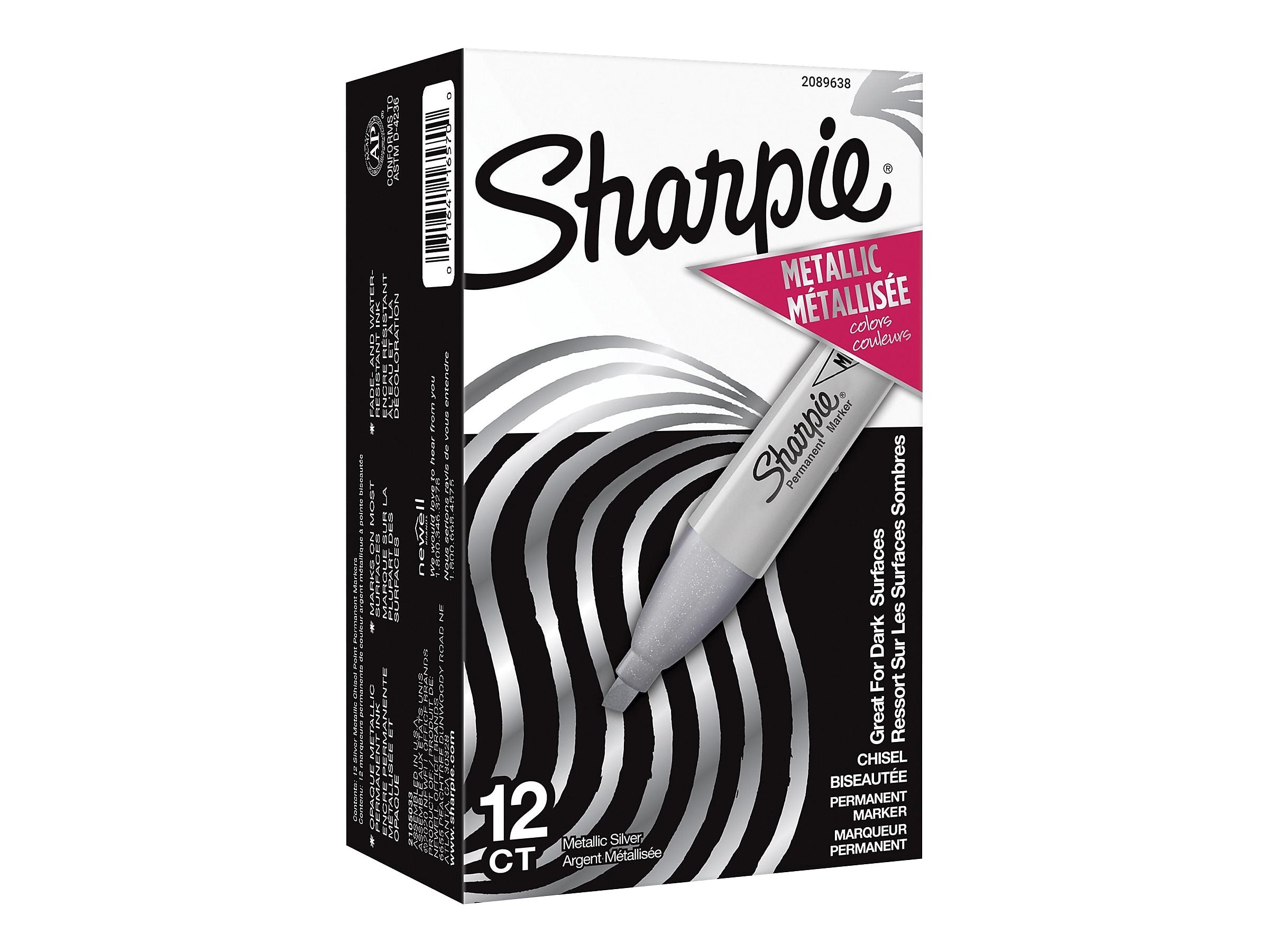 Sharpie Permanent Markers, Chisel Tip, Silver Metallic, 12/Pack