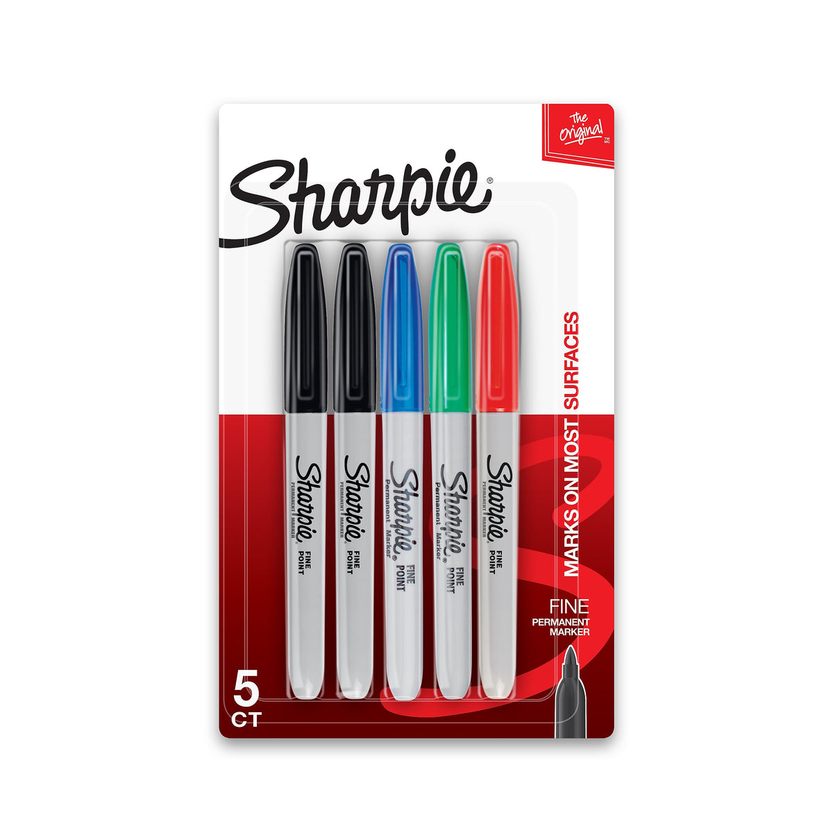 Sharpie Permanent Markers, Fine Tip, Assorted, 5/Pack