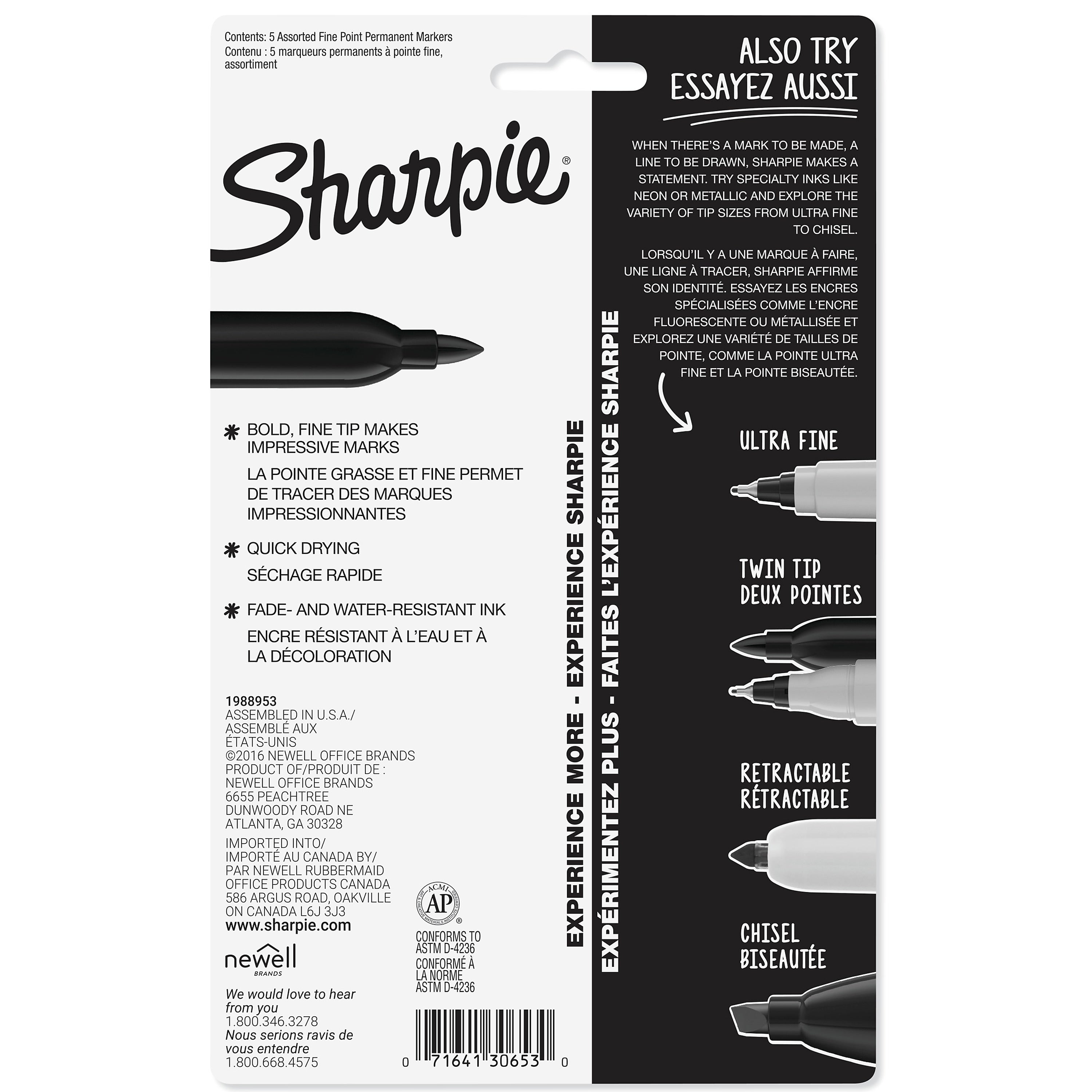 Sharpie Permanent Markers, Fine Tip, Assorted, 5/Pack