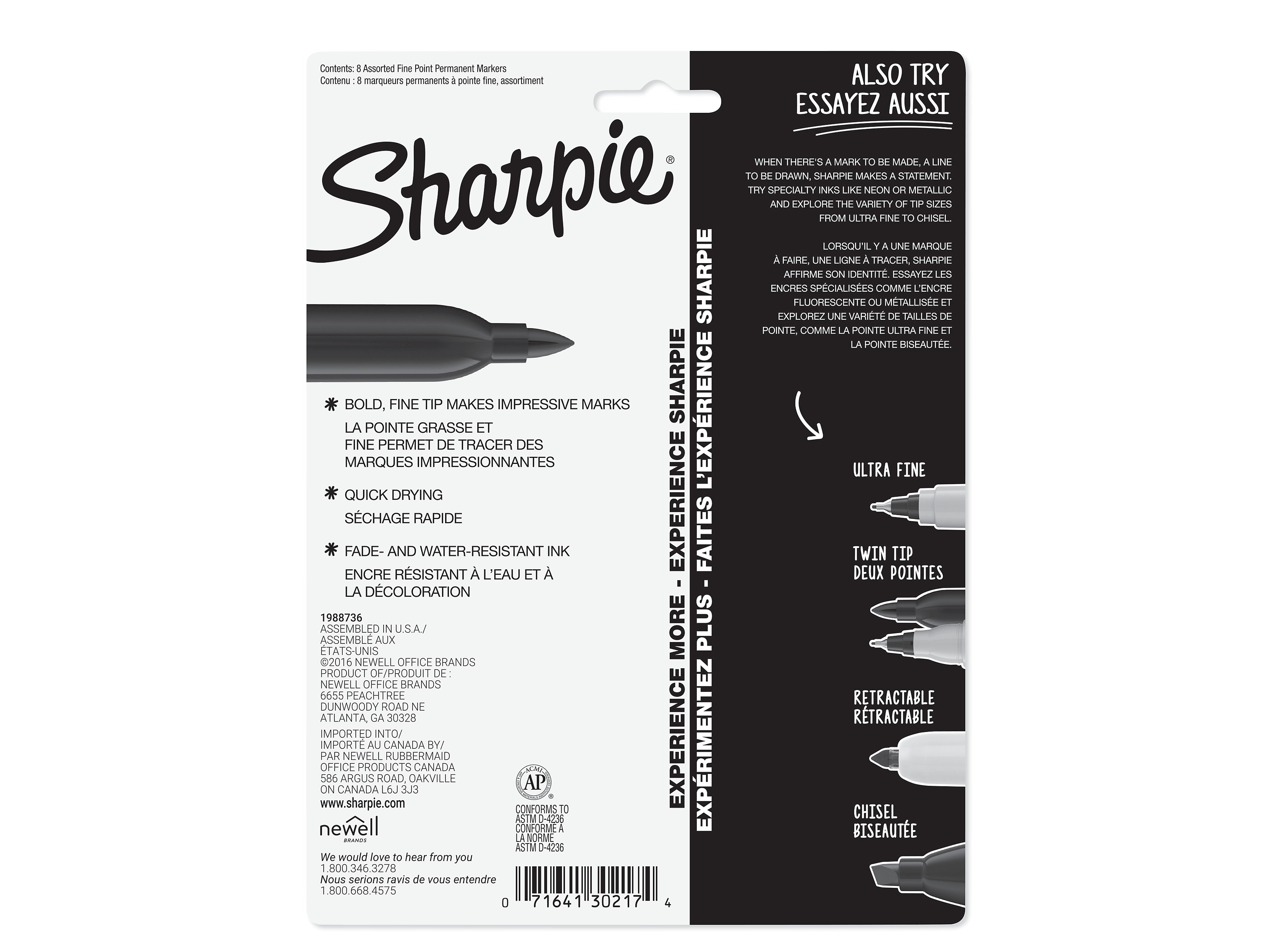 Sharpie Permanent Markers, Fine Tip, Assorted Colors, 8/Pack