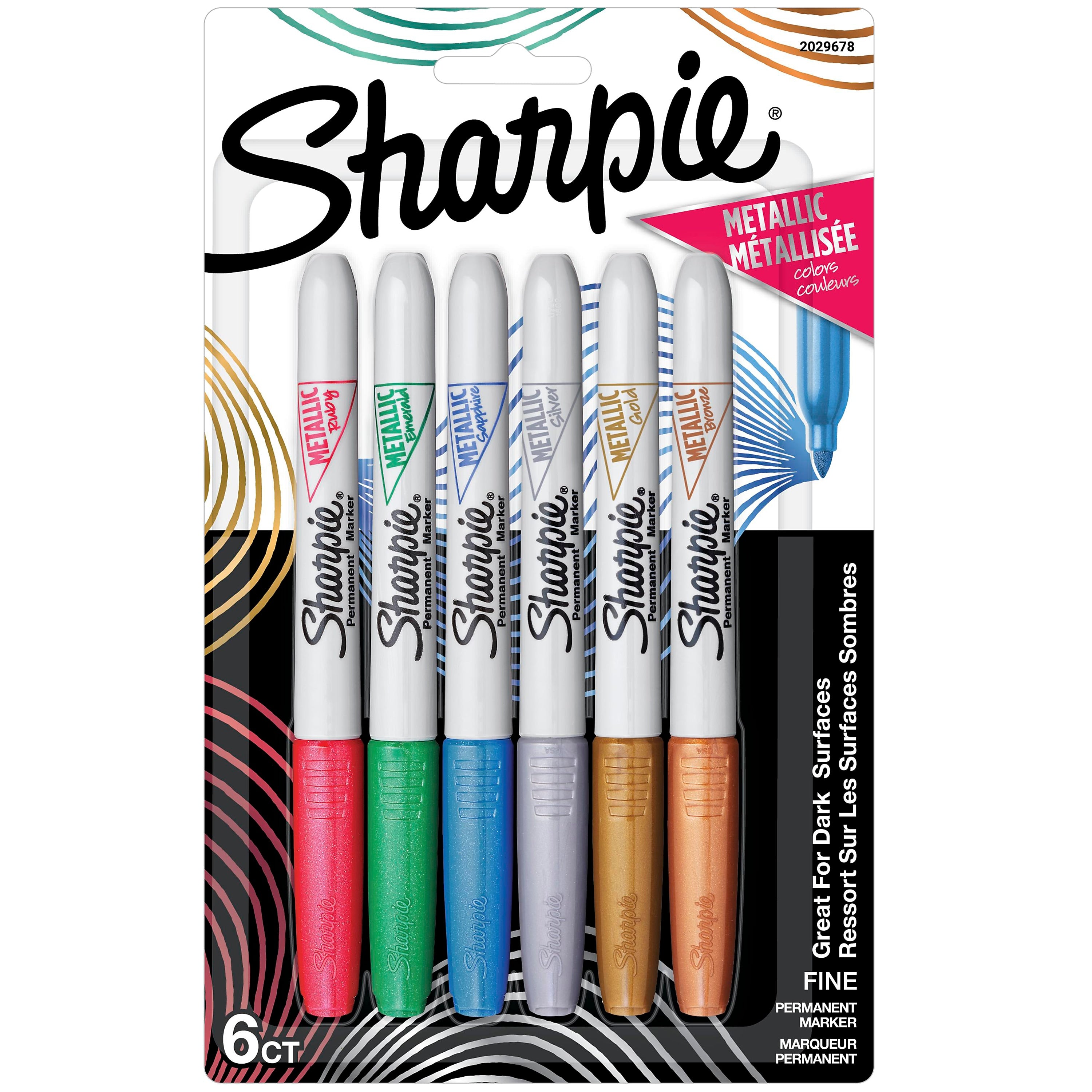 Sharpie Permanent Markers, Fine Tip, Assorted Metallic, 6/Pack