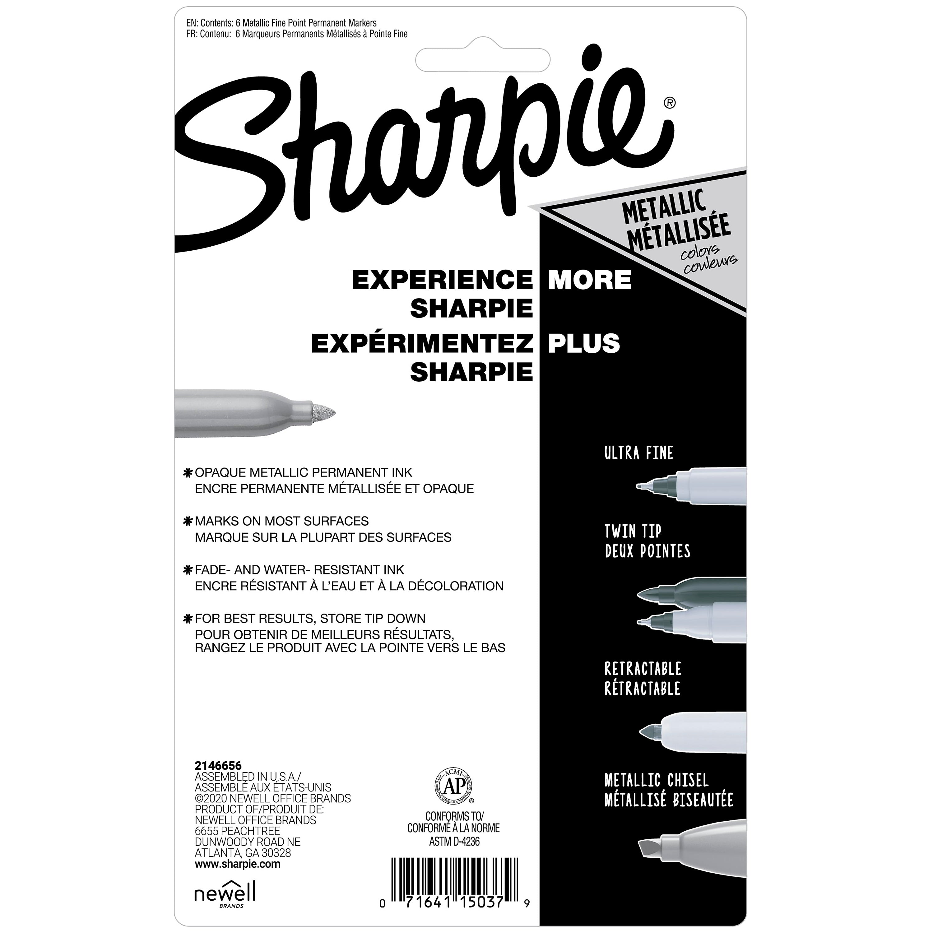 Sharpie Permanent Markers, Fine Tip, Assorted Metallic, 6/Pack