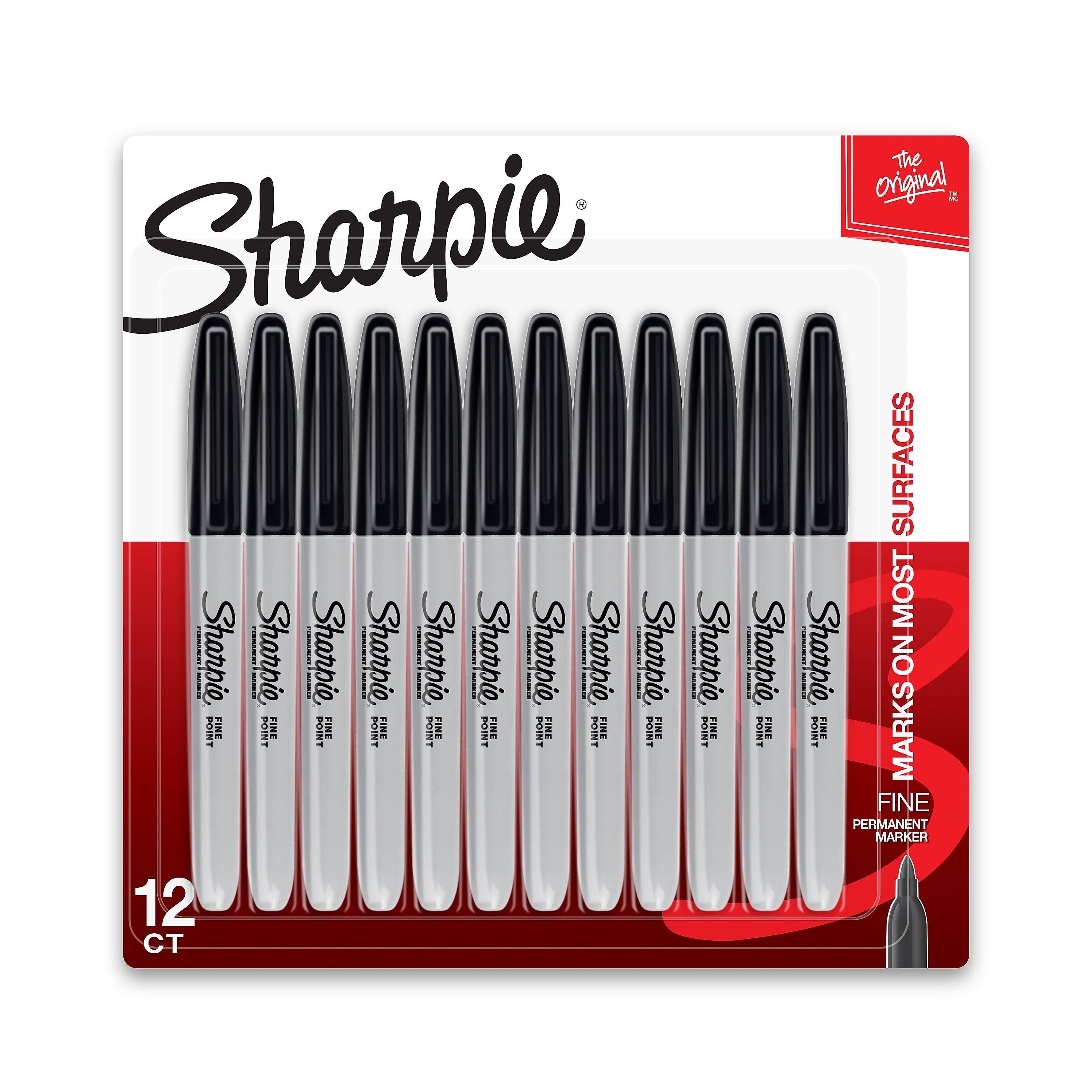 Sharpie Permanent Markers, Fine Tip, Black, 12/Pack