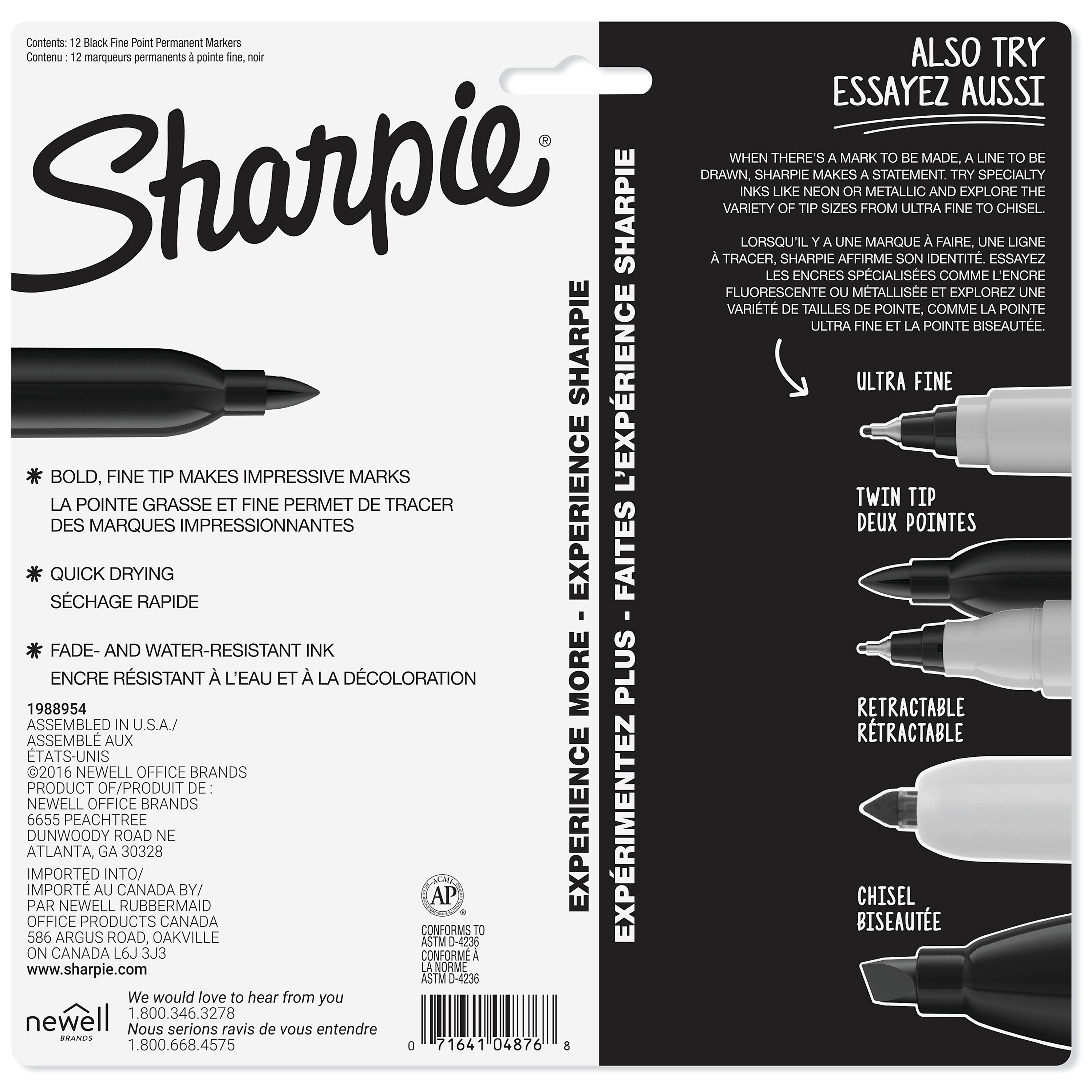 Sharpie Permanent Markers, Fine Tip, Black, 12/Pack