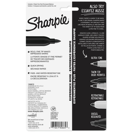 Sharpie Permanent Markers, Fine Tip, Black, 5/Pack