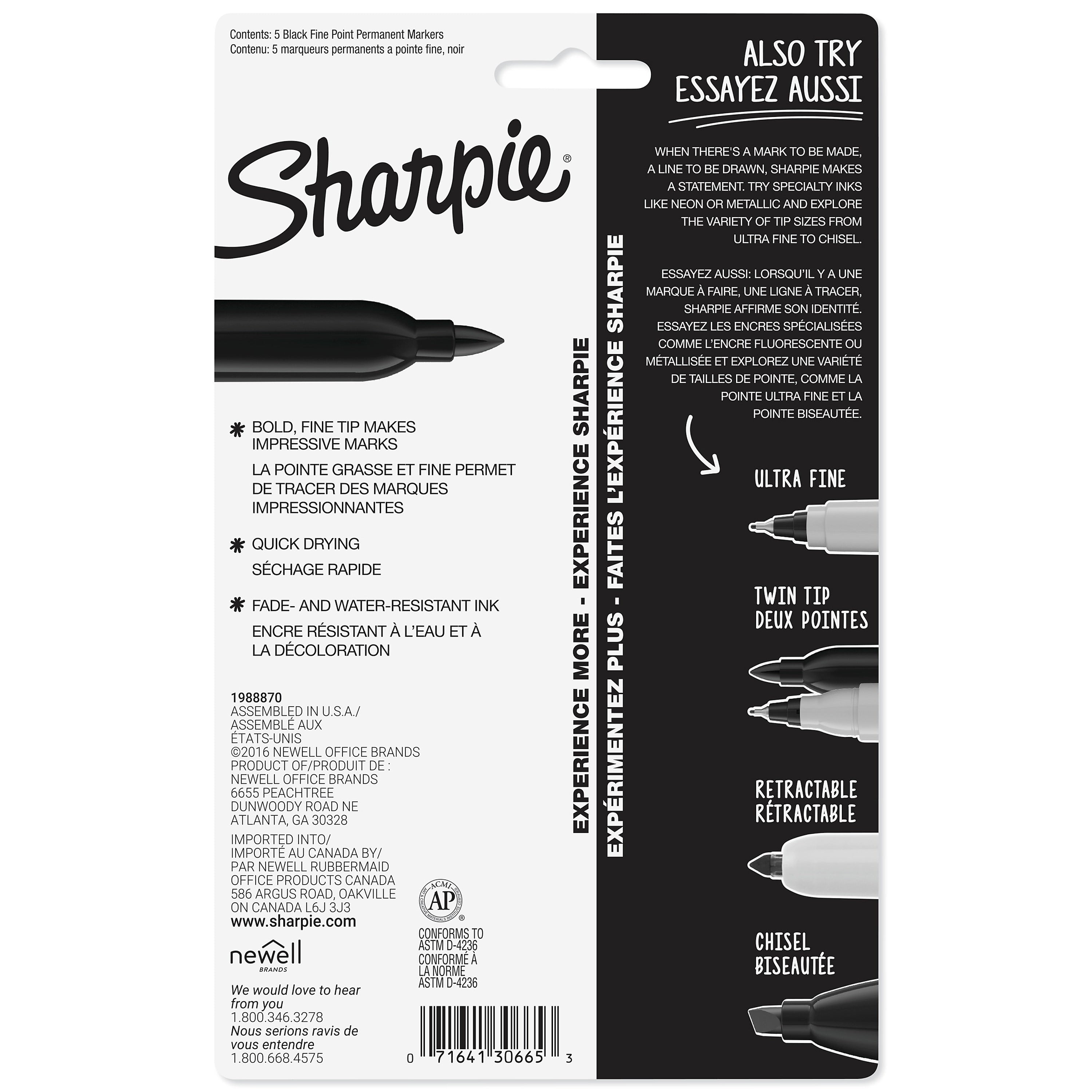 Sharpie Permanent Markers, Fine Tip, Black, 5/Pack