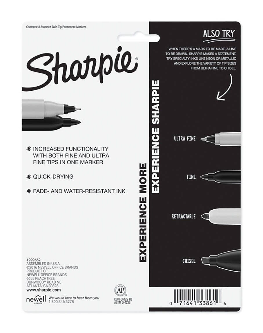 Sharpie Permanent Markers, Twin Tip, Assorted, 8/Pack