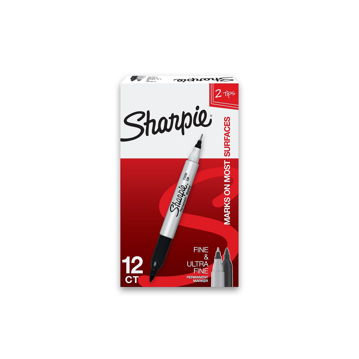 Sharpie Permanent Markers, Twin Tip, Black, 12/Pack