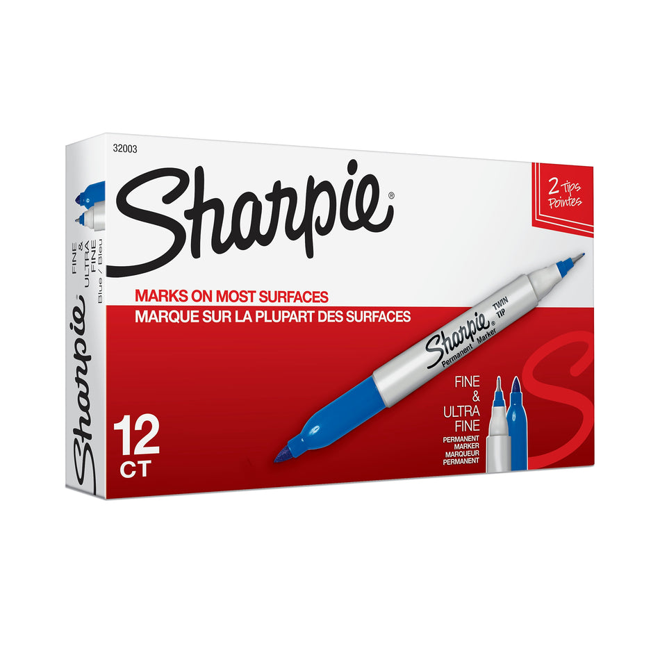 Sharpie Permanent Markers, Twin Tip, Blue, 12/Pack