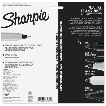 Sharpie Permanent Markers, Ultra Fine Tip, Assorted, 12/Pack